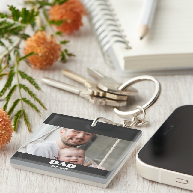 Black White Dad Established Bold Photo Key Ring (Front Right)