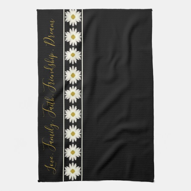 Black White Daisy Designed Tea Towel (Vertical)