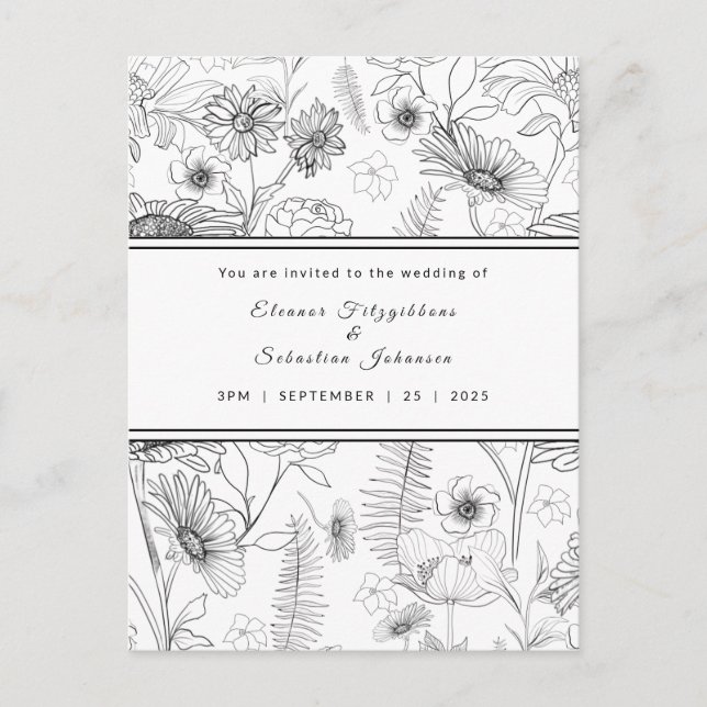 Black & white daisy flower wedding invitation postcard (Front)