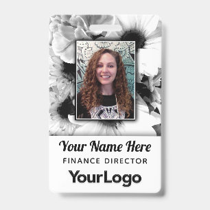 Black & White Daisy Flowers Carnation Floral Photo ID Badge
