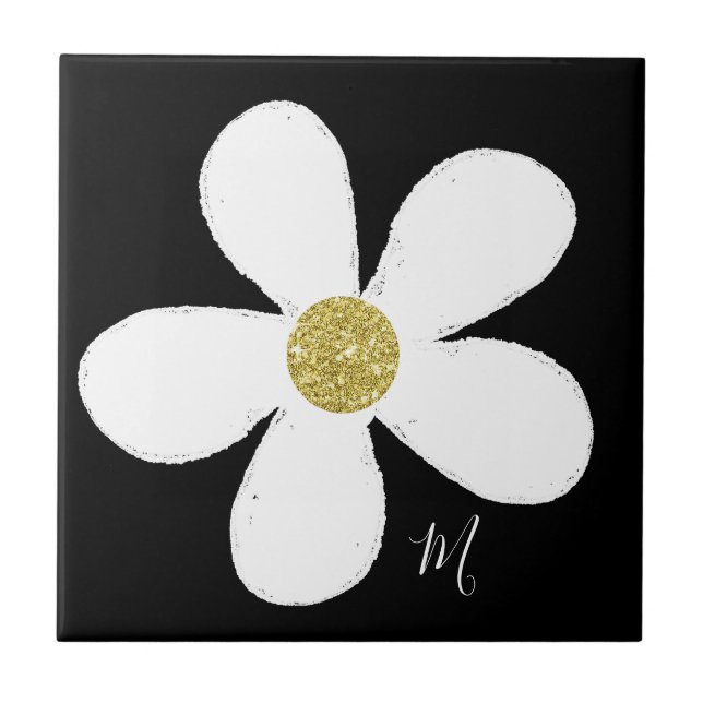 Black White  Daisy Simple Floral Gold Personal Tile (Front)