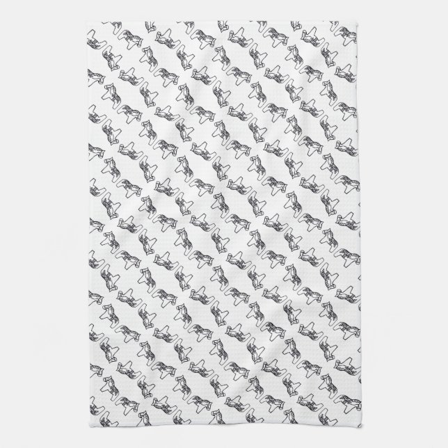 Black & White Dala Horses Dishtowel Tea Towel (Vertical)