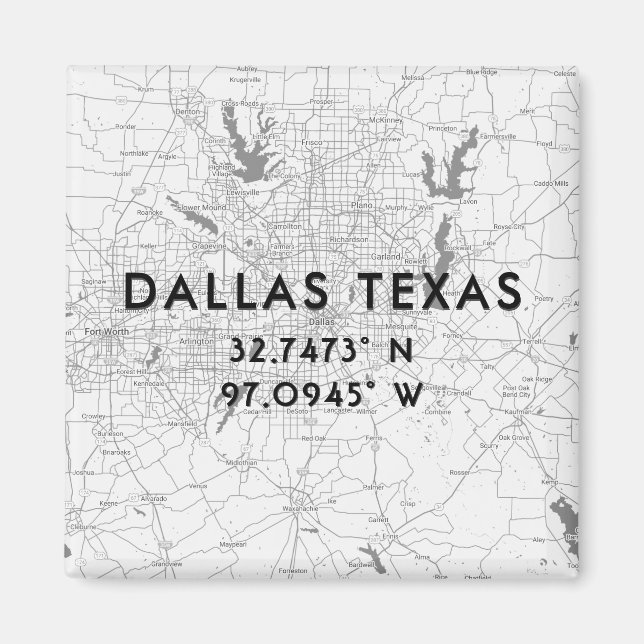 Black & White Dallas Texas Map Custom Coordinates Magnet (Front)