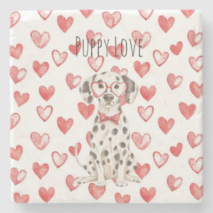 Black White Dalmatian Dog Red Hearts Tie Glasses Stone Coaster