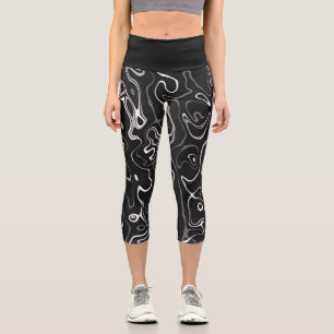 Black white damascus abstract pattern capri leggings