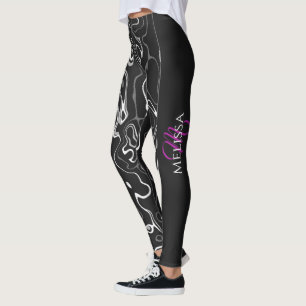 Black white damascus abstract pattern Monogram Leggings