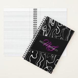 Black white damascus abstract pattern Monogram Notebook