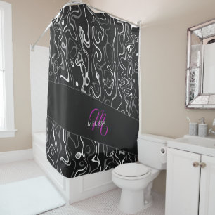 Black white damascus abstract pattern Monogram Shower Curtain