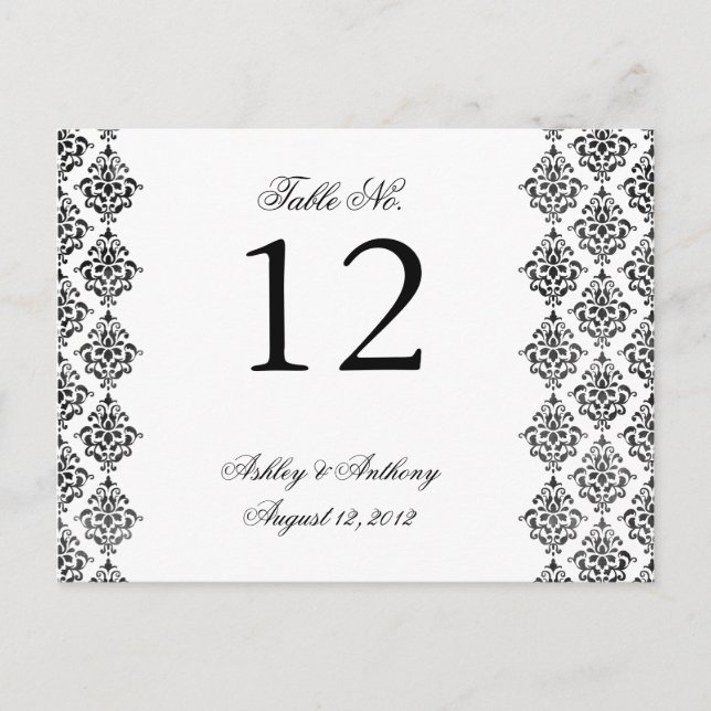 Black White Damask Arabesque Table Number Card (Front)