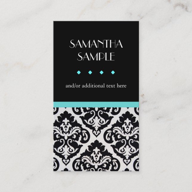 Black & White Damask Blue Business Card (Front)