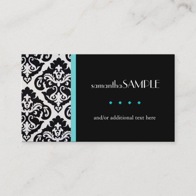 Black & White Damask Blue Business Card (Front)