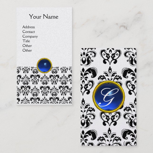 BLACK WHITE DAMASK BLUE GEMSTONE MONOGRAM  BUSINESS CARD (Front/Back)