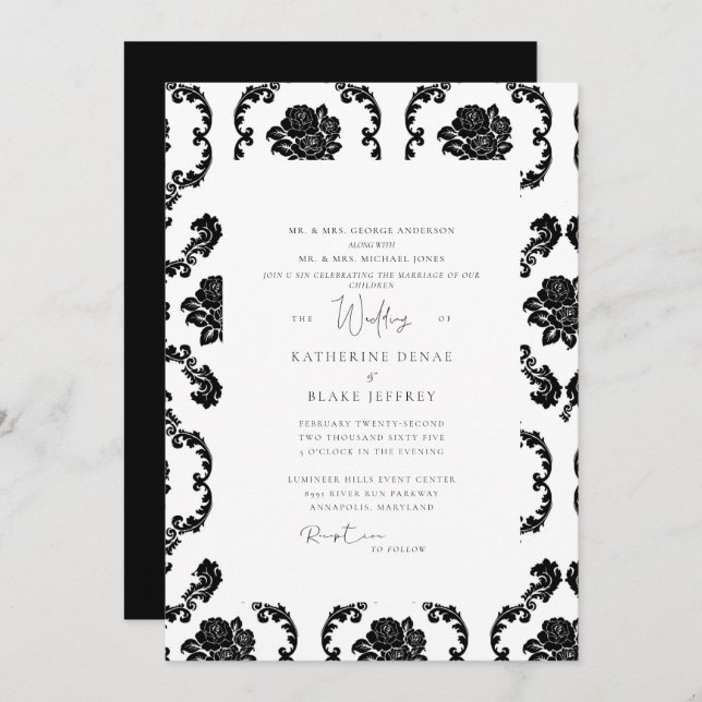 Black & White Damask Both Parents Wedding Invitation (Front/Back)