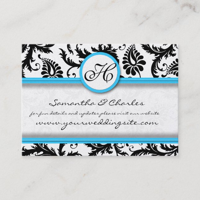Black & White Damask Bright Aqua Raised  Trim Business Card (Front)