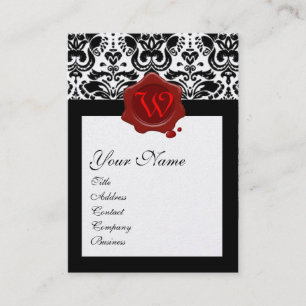 BLACK WHITE DAMASK CARNATIOS RED WAX SEAL MONOGRAM BUSINESS CARD