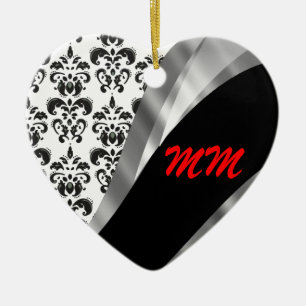 Black & white damask ceramic tree decoration