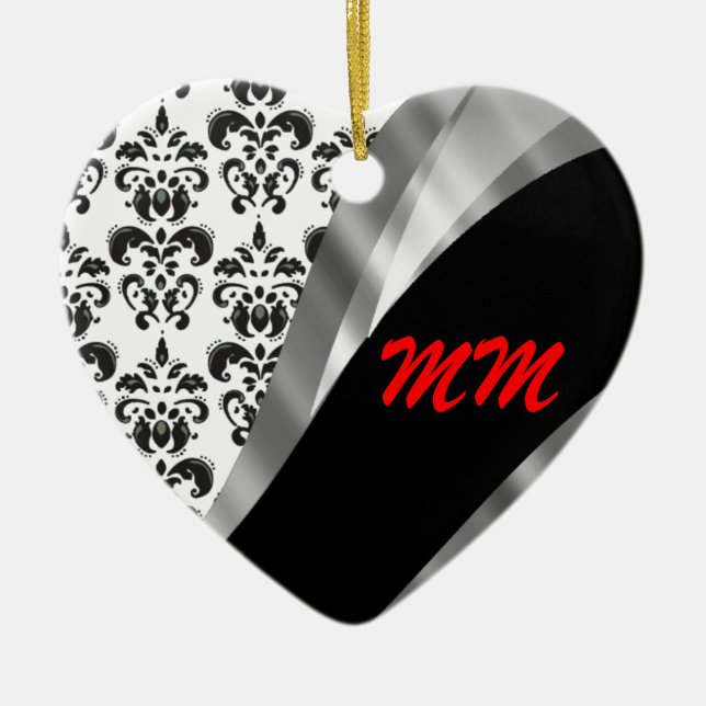 Black & white damask ceramic tree decoration (Front)