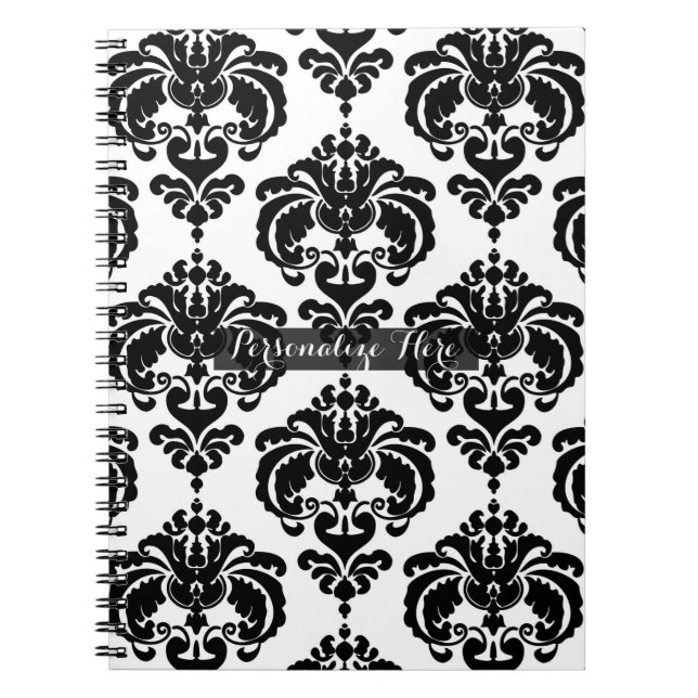 Black & White Damask Chic Modern Elegant Pattern Spiral Notebook (Front)