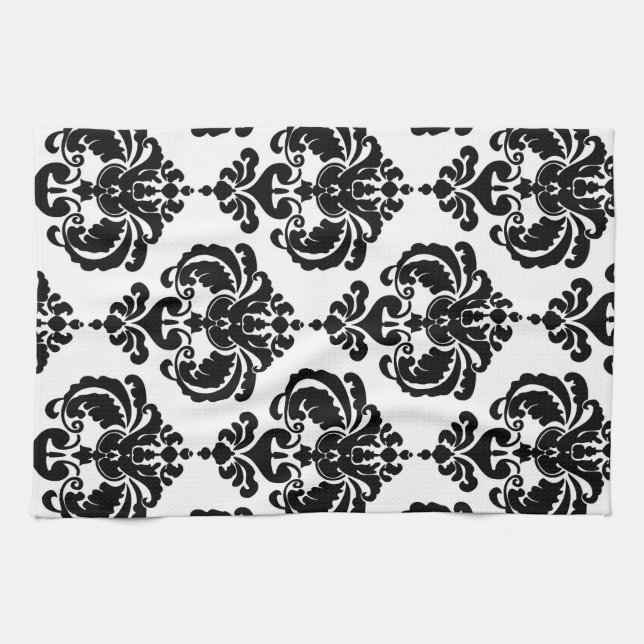 Black & White Damask Chic Modern Elegant Pattern Tea Towel (Horizontal)