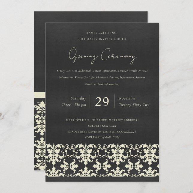 BLACK WHITE DAMASK CLASSIC GRAND OPENING CEREMONY INVITATION (Front/Back)