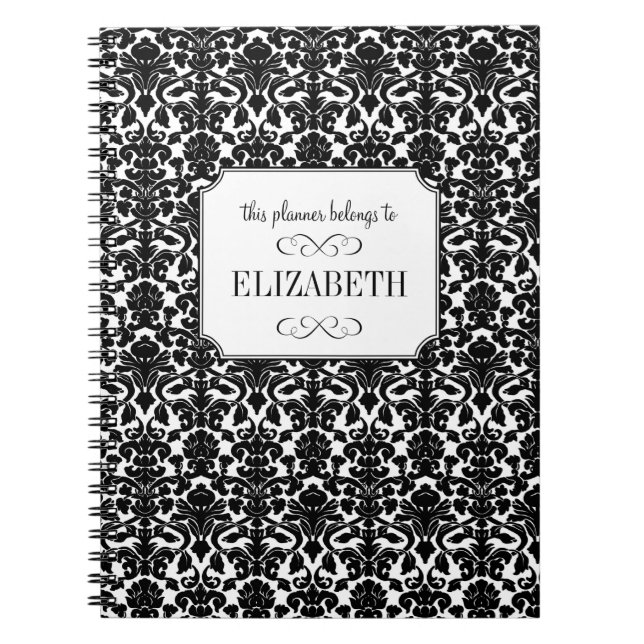 Black white damask custom wedding planner journal (Front)