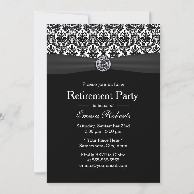Black & White Damask Diamond Retirement Party Invitation (Front)