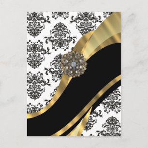 Black & white damask, faux jewel postcard