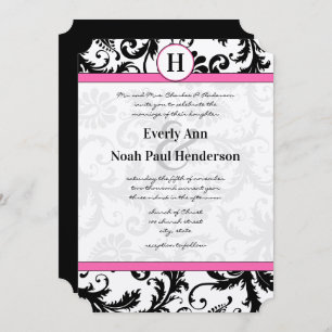 Black & White Damask Floral Pink Yarrow Trim Invitation