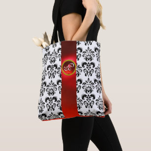 BLACK WHITE DAMASK FLORAL ,RED GEMSTONE MONOGRAM TOTE BAG