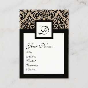 BLACK WHITE DAMASK FLORAL SQUARE MONOGRAM Kraft Business Card