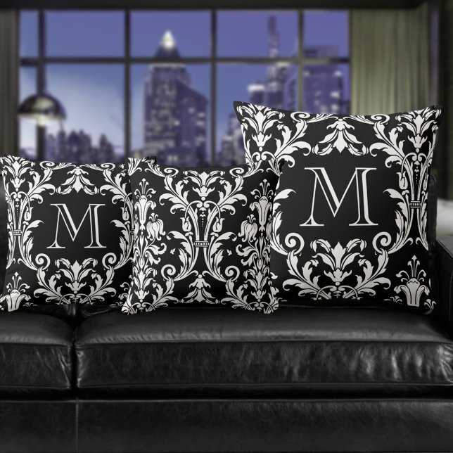 Black & White Damask Floral Swirls Monogram Cushion (Creator Uploaded)