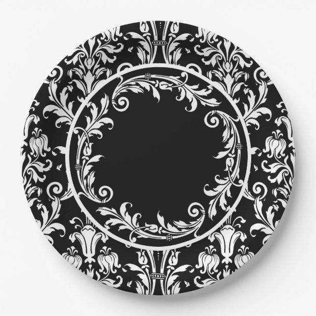Black White Damask Floral Swirls Personalize Paper Plate (Front)