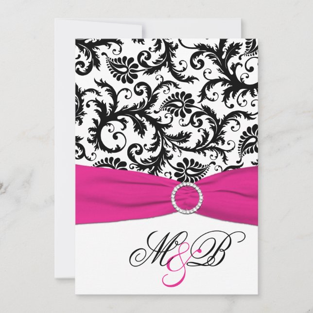 Black, White Damask Fuchsia PRINTED Ribbon Invitation (Front)