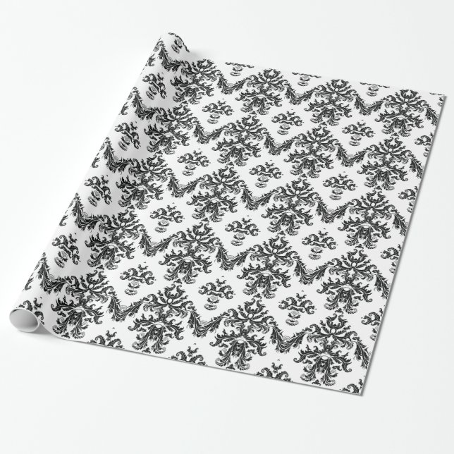 Black White Damask Gift Wrapping Paper  Black (Unrolled)