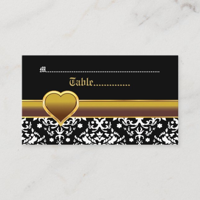 Black white damask gold heart wedding place card (Front)