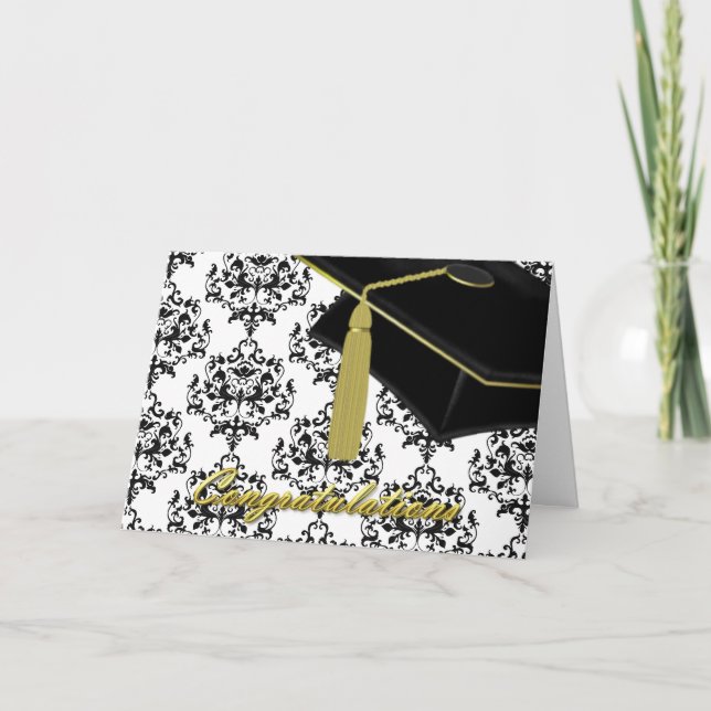 Black & White Damask Graduation Card (Front)