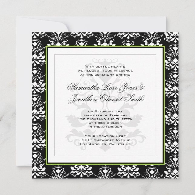 Black & White Damask Green Photo Wedding Invite (Front)