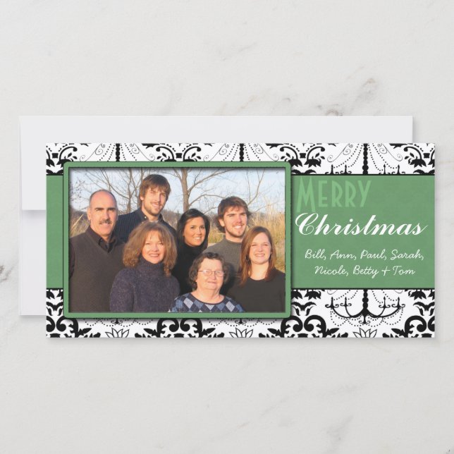 Black & White Damask Green Trim Merry Christmas Holiday Card (Front)