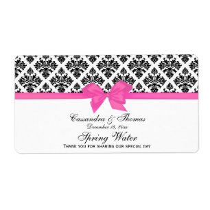 Black White Damask Hot Pink H Water Bottle Label