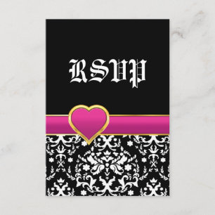 Black white damask hot pink heart wedding RSVP Card