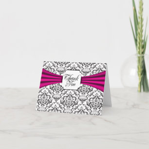 Black White Damask Hot Pink Thank You Note Cards