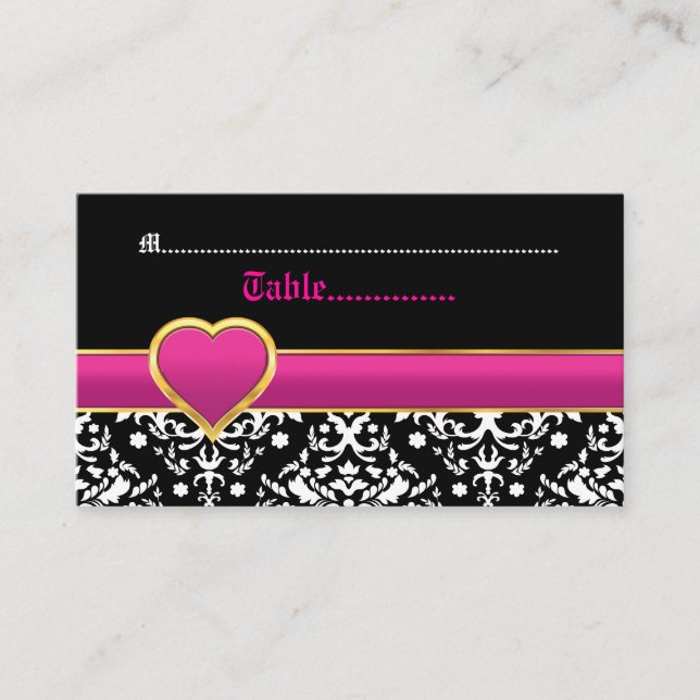 Black white damask hot pink wedding place card (Front)