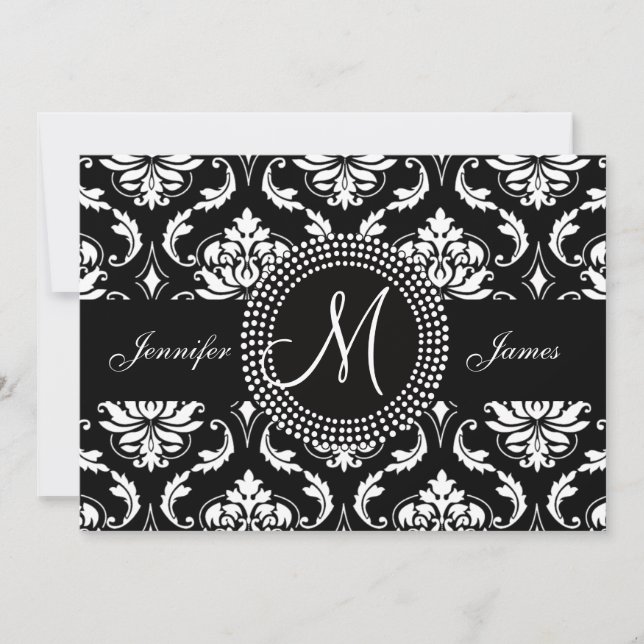 Black White Damask Initial Wedding Invitation (Front)