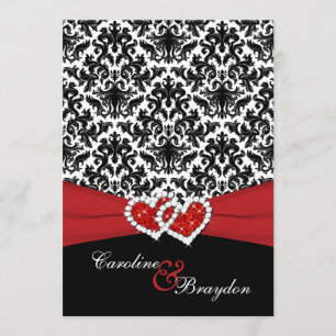 Black, White Damask, Joined Hearts Wedding Invite