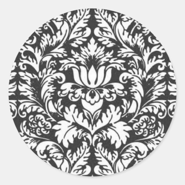 Black White Damask Lace Brocade Classic Round Sticker (Front)
