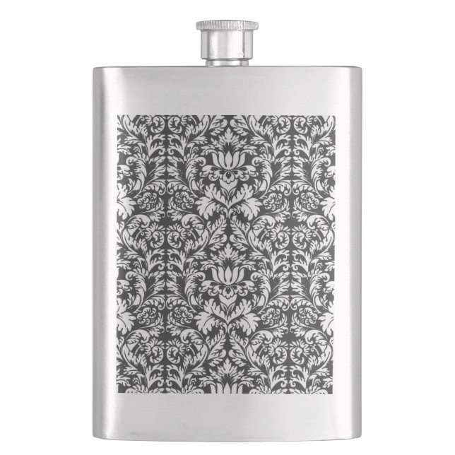 Black White Damask Lace Brocade Hip Flask (Front)