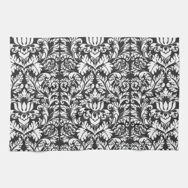 Black White Damask Lace Brocade Tea Towel (Horizontal)