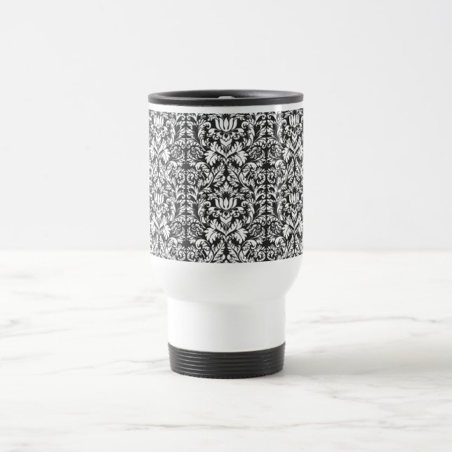 Black White Damask Lace Brocade Travel Mug (Center)