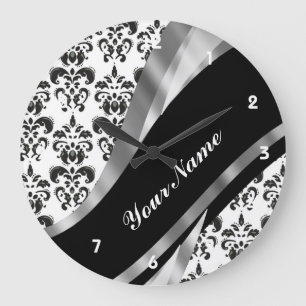 Black & white damask large clock