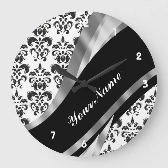 Black & white damask large clock (Front)